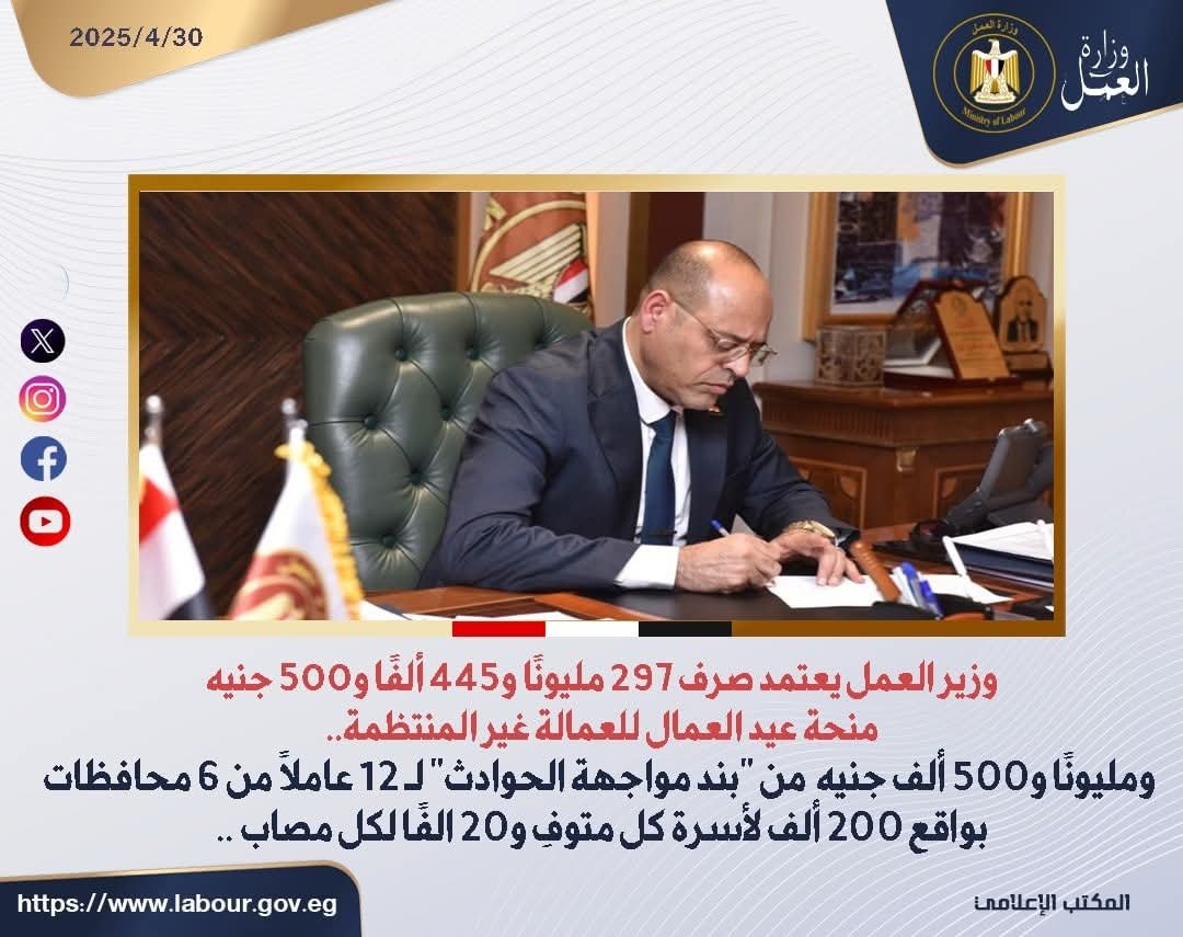 وزير العمل يعتمد صرف 297 مليونًا و445 ألفًا و500 جنيه منحة عيد العمال للعمالة غير المنتظمة