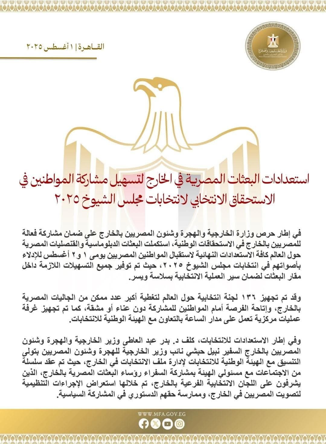 استعدادات البعثات المصرية في الخارج لتسهيل مشاركة المواطنين في الاستحقاق الانتخابي لانتخابات مجلس الشيوخ ٢٠٢٥