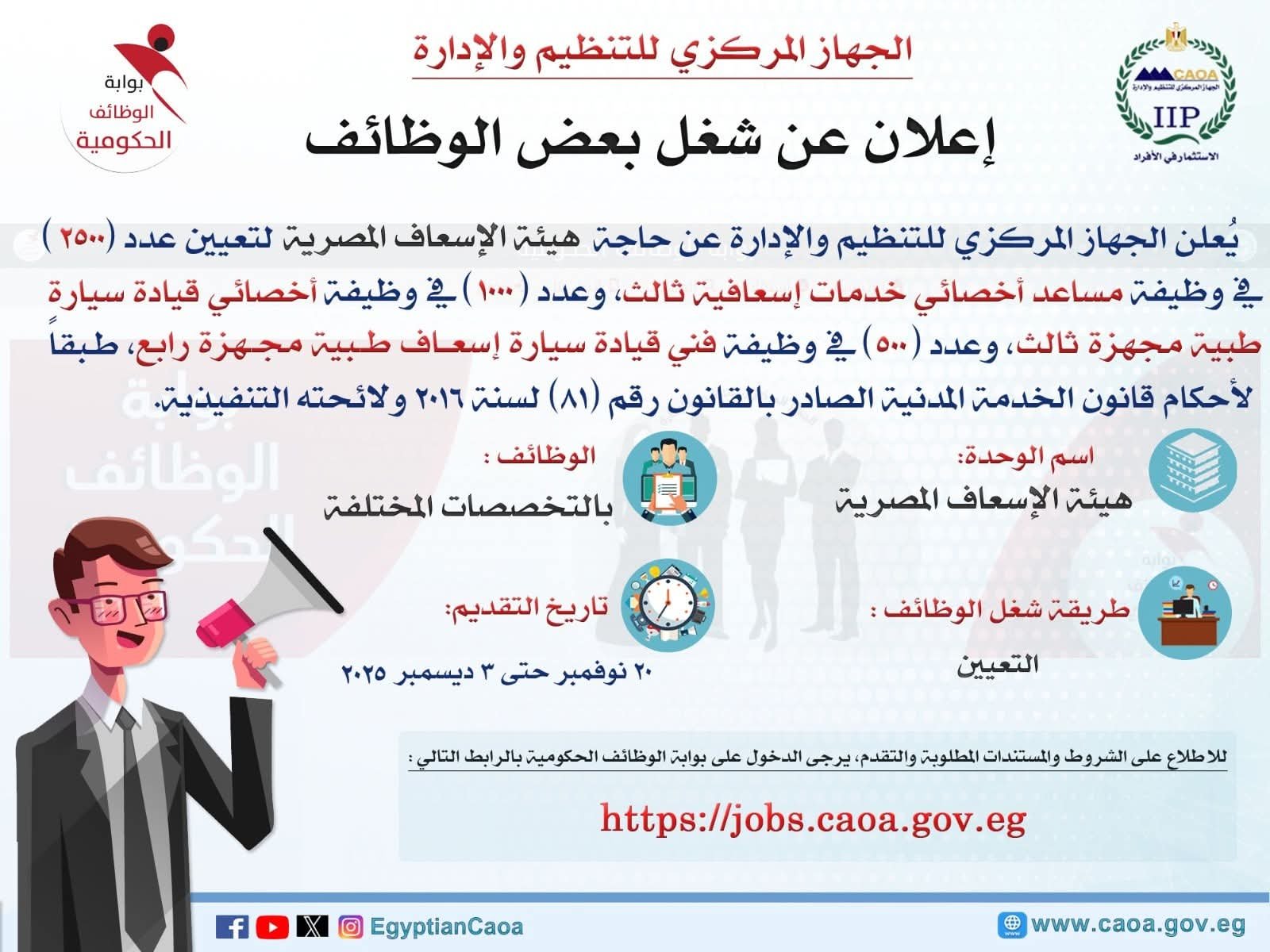 التنظيم والإدارة يُعلن عن مسابقة لشغل عدد (4000) وظيفة بهيئة الإسعاف المصرية