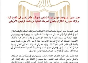 مصر تدين الانتهاكات الإسرائيلية المتكررة لوقف إطلاق النار في قطاع غزة وتؤكد ضرورة الالتزام بإنجاح المرحلة الثانية من خطة الرئيس الأمريكي