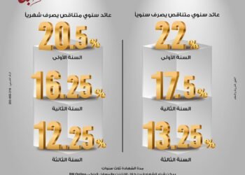 شهادة ابن مصر من بنك مصر.. عائد متناقص يصل إلى 22% في السنة الاولى وخيارات صرف متنوعة لمدة 3 سنوات