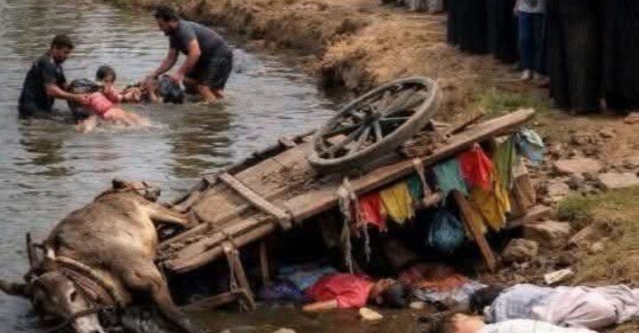 فاجعة تهز قرية البستان بمحافظة دمياط انقلاب عربية كارو في الترعة وعليها اطفال